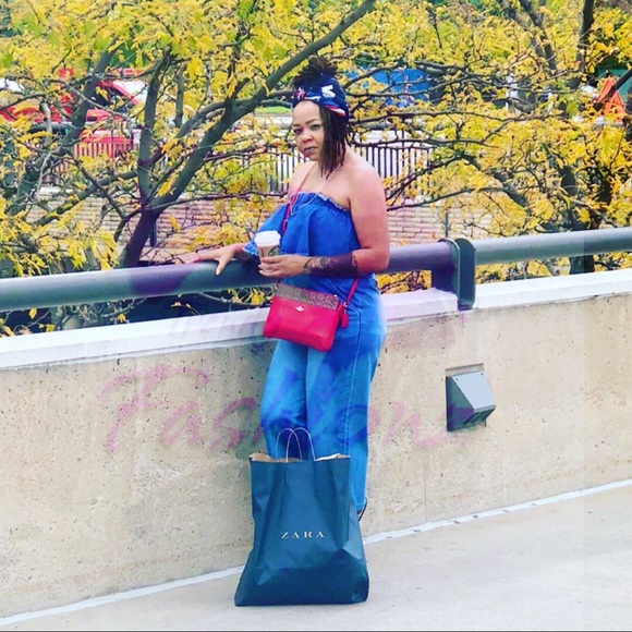 Off the Shoulder Denim Jumpsuit- DARK DENIM - Picture 3 of 7